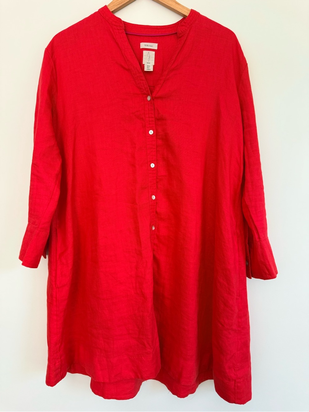 100% Linen A-Line Dress Red Button-Front Tunic Summer Women’s Small